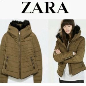 Zara Green Puffer Zipper Fur Collar